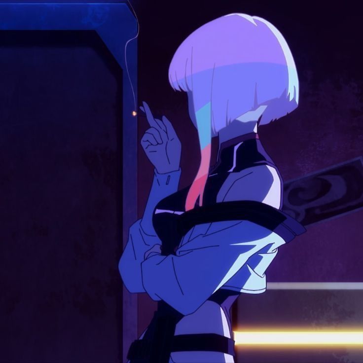 an anime character is standing in front of a door and pointing at something with her finger