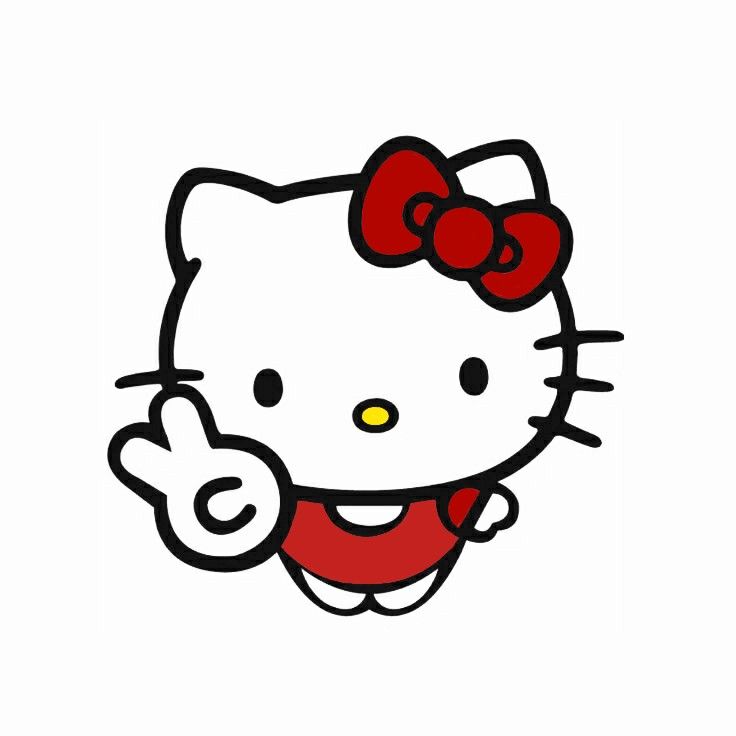 an image of a hello kitty with a red bow on it's head smiling