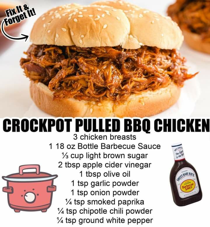 the recipe for crockpot pulled bbq chicken is shown in this advert