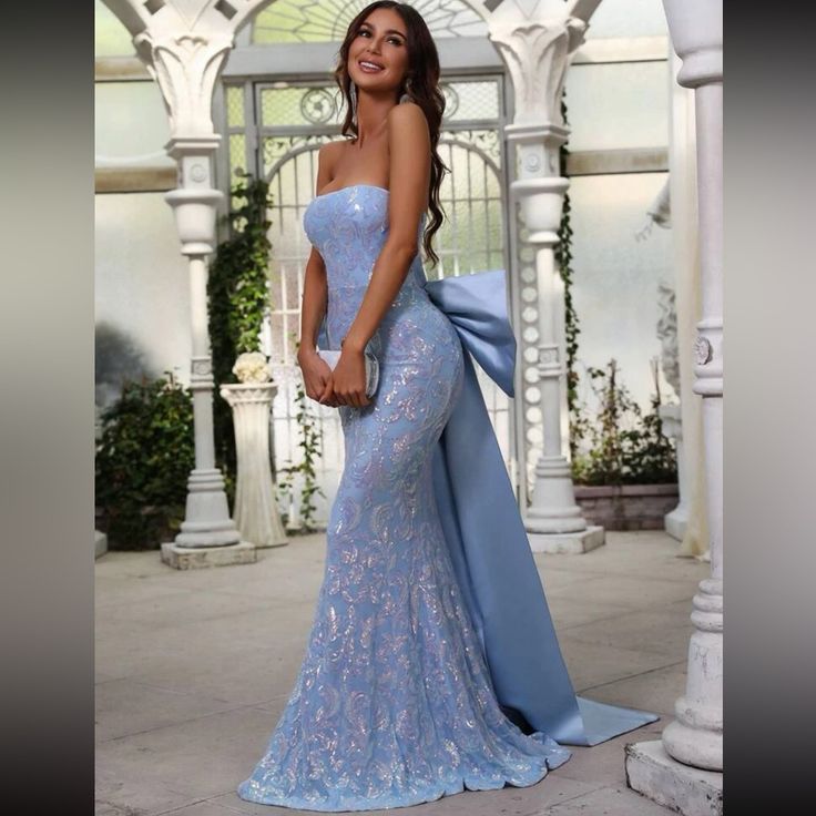 Super Cute And Stylish Ships In 5-10 Business Days Baby Blue Prom Dresses, Light Blue Prom Dress, Sparkly Prom Dresses, Stunning Prom Dresses, Prom Dress Inspiration, Cute Prom Dresses, Pretty Prom Dresses, Prom Outfits, Bow Back