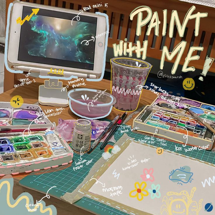 a table topped with lots of art supplies next to a cell phone and tablet computer