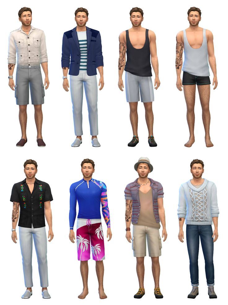 six male mannequins with different clothing styles and hair for the simses