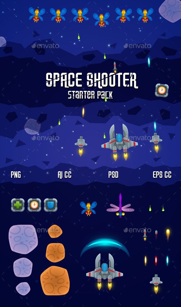 the space shooter game poster is shown in this graphic style, and includes an array of different