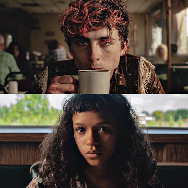 two different shots of a man drinking from a coffee cup