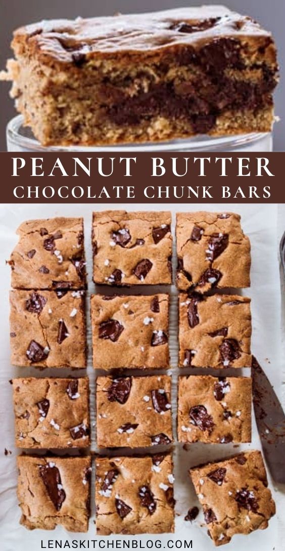 peanut butter chocolate chunk bars are cut into squares and stacked on top of each other