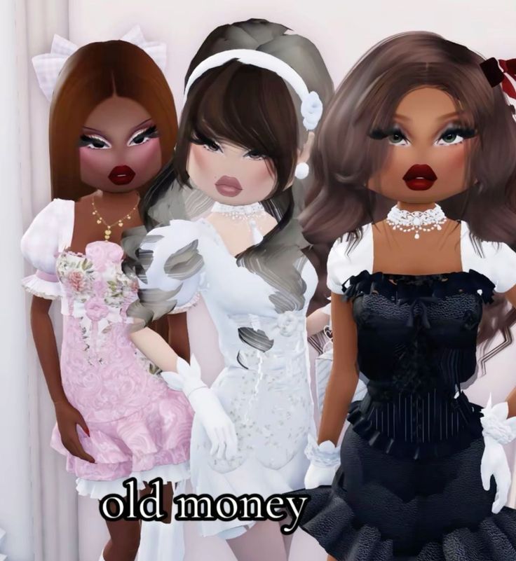 three women in dresses and pearls are standing next to each other with the words old money written on them