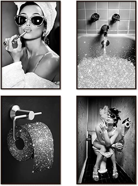 four black and white photos of people in the bathroom