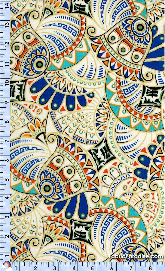 a blue and orange paisley print fabric with white, black, red, yellow and green colors