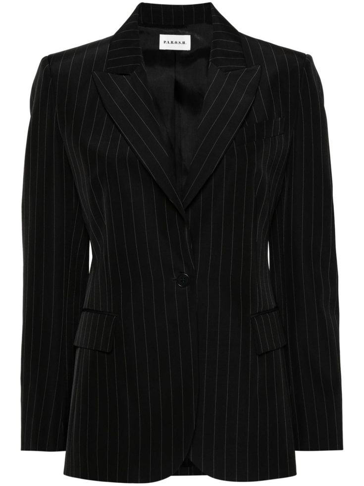 black virgin wool blend tailored design pinstripe pattern peak lapels shoulder pads long sleeves with faux buttoned cuffs chest welt pocket two front flap pockets English rear vents full lining front button fastening Pinstripe Blazer, Pinstripe Pattern, Tailored Design, Blazer Black, Black Blazers, Outerwear Women, Flap Pocket, Welt Pocket, Shoulder Pads