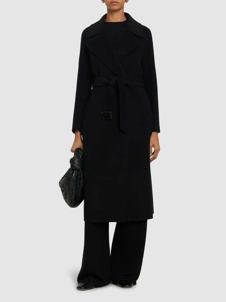 Includes matching self-tie belt. Two side pockets. Model is wearing a size38 Light Blue Coat, Navy Wool Coat, Max Mara Coat, Versace Brand, Wool Coat Women, Weekend Max Mara, Tweed Coat, Blue Coats, Belted Coat