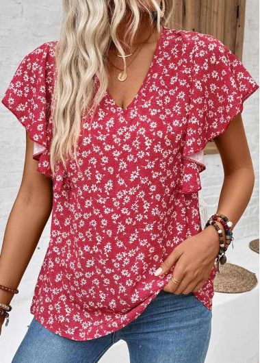 Color:Wine Red;Size:S;Size:M;Size:L;Size:XL;Size:2XL;Size:3XL;Package Contents:1 X Blouse;Occasion:Other;Style:Casual; Feminine Red V-neck Tops, Casual Tops With Ditsy Floral Print And Flutter Sleeve, Red Ruffle Sleeve Summer Tops, Red Ruffle Sleeve Top For Summer, Red Flutter Sleeve Tops For Spring, Red Ruffle Sleeve Blouse For Summer, Casual Red Blouse With Flutter Sleeves, Red Flutter Sleeve Blouse For Summer, Red Non-stretch Summer Blouse