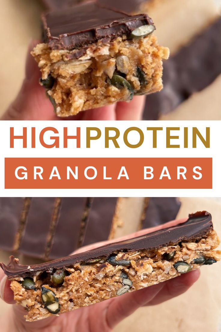 a hand holding up a granola bar with chocolate and nuts on top that says high protein granola bars