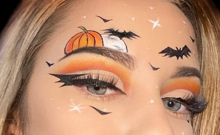 Halloween Makeup Eye Looks, Halloween Eye Makeup For Work, Pumpkin Eyeshadow Looks, Pumpkin Makeup Ideas Easy, Pumpkin Makeup Easy, Easy Pumpkin Makeup Halloween, Cute Halloween Makeup Looks Easy, Halloween Makeup With Glasses, Cute Pumpkin Makeup