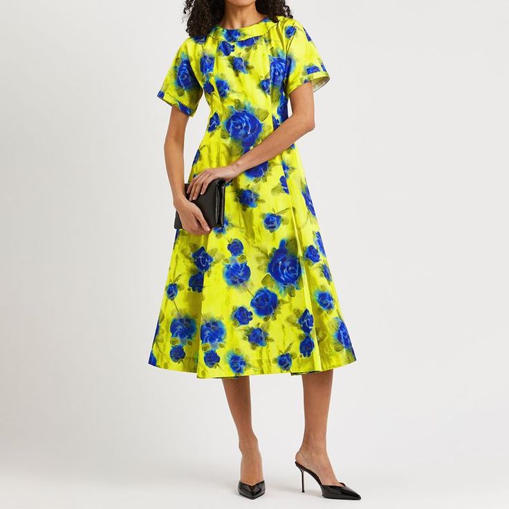 Silk Floral Print Dress With Full Skirt, Silk A-line Midi Dress For Garden Party, Spring Silk A-line Midi Dress, Silk A-line Midi Dress For Spring, Spring Full Skirt Midi Dress For Workwear, Spring Workwear Midi Dress With Full Skirt, Alternative Bride, Yellow Midi Dress, Designer Streetwear