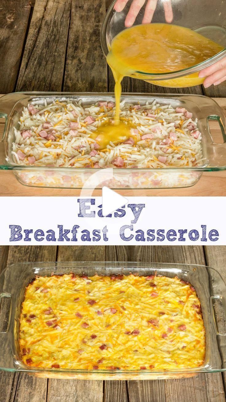 an easy breakfast casserole is being poured into the casserole in a glass dish