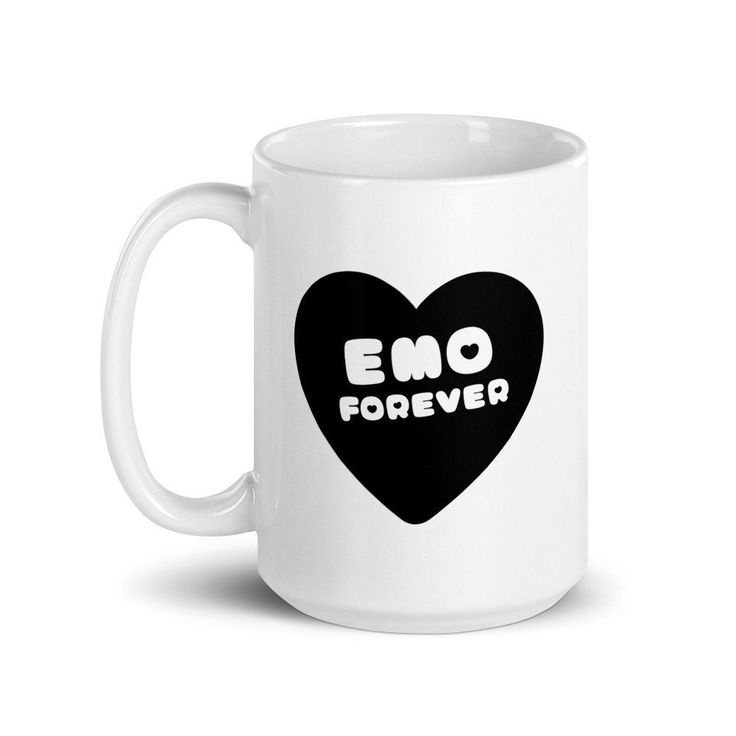 a white coffee mug with the words emo forever in black and white on it