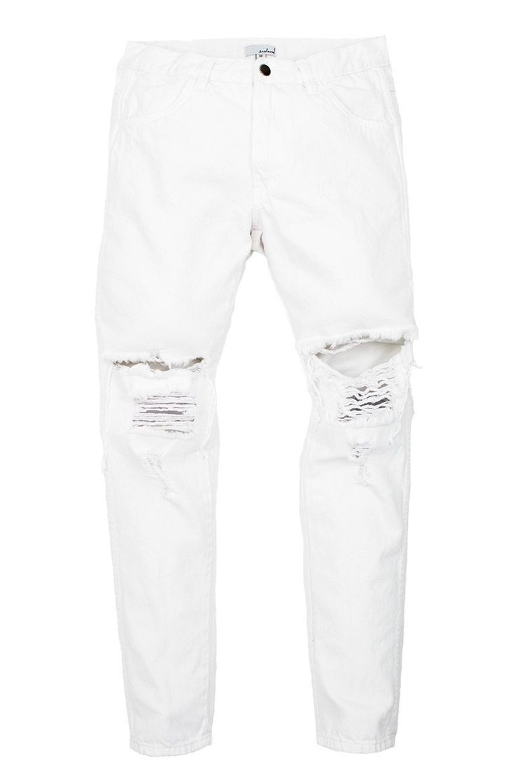 White Ripped Tapered Jeans Edgy White Bottoms For Fall, White Edgy Jeans For Spring, Edgy White Jeans For Spring, Edgy Fitted White Jeans, Edgy White Fitted Jeans, White Distressed Straight Leg Bottoms, Fitted Distressed White Bottoms, Urban Style White Fitted Bottoms, Urban White Jeans For Fall