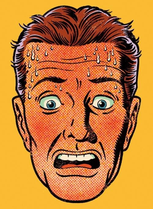 an image of a man with tears on his forehead and eyes, drawn in comic style