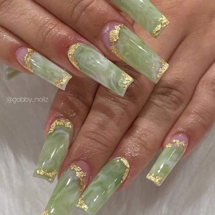 Jade Green Nails With Gold, Gold And Sage Green Nails, Green And Champagne Nails, Jade Green Acrylic Nails, Sage Green Square Nails, Jade And Gold Nails, Green Nails With Gold Flakes, Sage And Gold Nails, Princess Tiana Nails