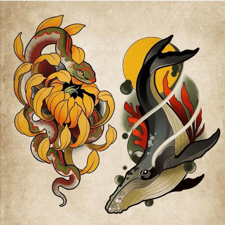 an image of two animals that are in the shape of flowers and fish on paper