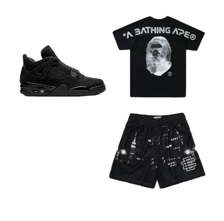 Black Cats Outfit, Eric Emmanuel Shorts, Stem Outfits, Eric Emmanuel, Guys Fashion Swag, Tuff Fits, Bape Outfits, Bape T Shirt, Fire Clothes