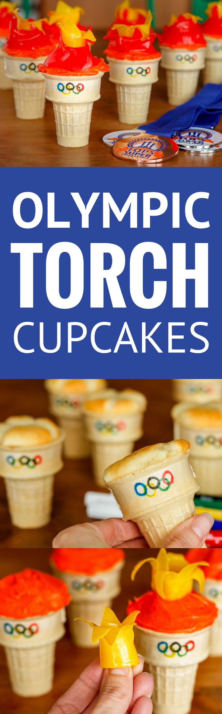 the olympic torch cupcakes are ready to be eaten and put in their cups