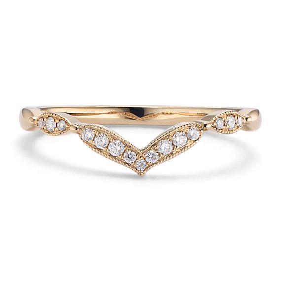 Delicate milgrain detail frames the natural diamonds in this ornate  vintage-inspired chevron band that shines with hand-matched sparkle and fire. Whether worn alone or hugging your engagement ring  the contour shape of this gorgeous 14-karat yellow gold band offers a unique look. Wedding Diamond Jewelry With Milgrain, Milgrain Diamond Wedding Jewelry, Elegant Milgrain Diamond Ring For Wedding, Wedding Diamond Milgrain Jewelry, Elegant Milgrain Diamond Wedding Ring, Random Products, Contour Wedding Band, High Jewelry Ring, Step Kids