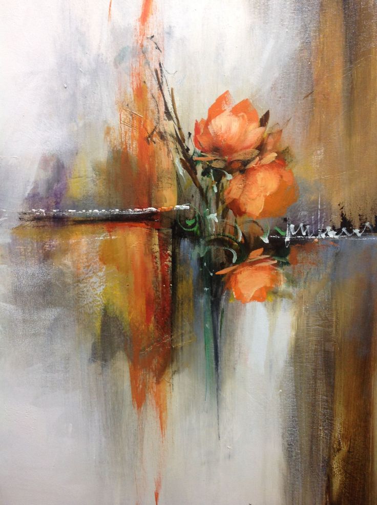 an abstract painting with orange flowers in a vase