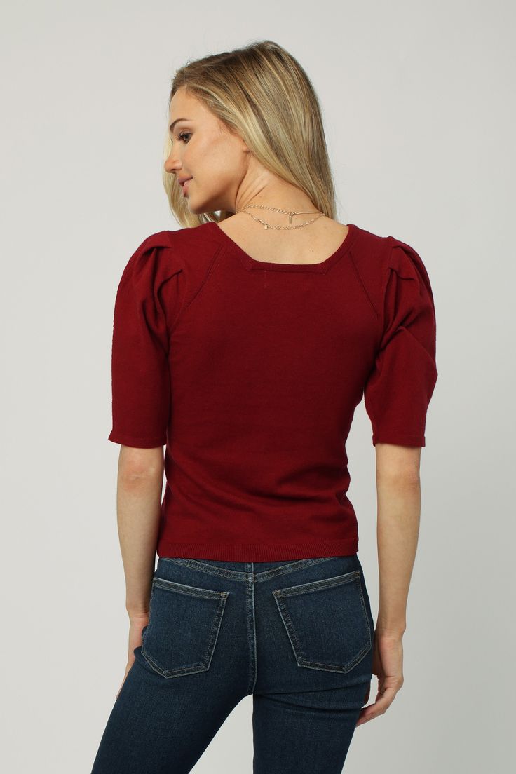 isla-puffed-short-sleeve-top-cranberry-red Fitted Cotton V-neck Puff Sleeve Top, Chic Short Sleeve Top For Casual Gatherings, Fitted Solid Color Puff Sleeve Knit Top, Casual Fitted T-shirt With Puff Sleeves, Casual Fitted Puff Sleeve T-shirt, Fitted Solid Color Knit Top With Short Sleeves, Fitted Cotton Puff Sleeve Top With Crew Neck, Trendy Fitted Puff Sleeve Top, Elegant Stretch Puff Sleeve Top With Short Sleeves