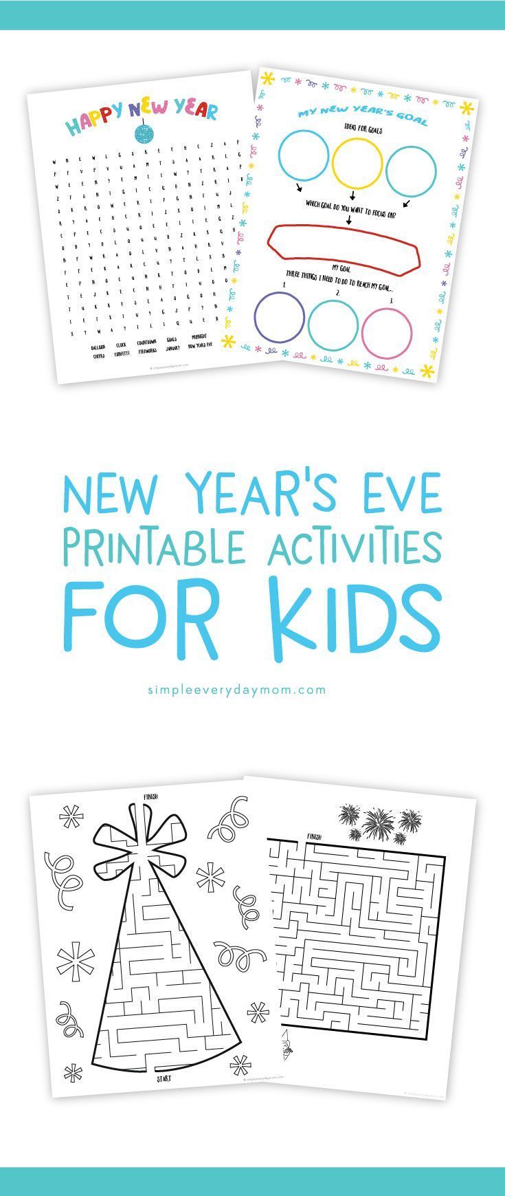 the new year's eve printable activities for kids with text overlays