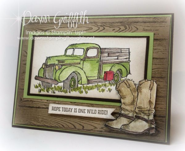 a card with an old green truck and boots