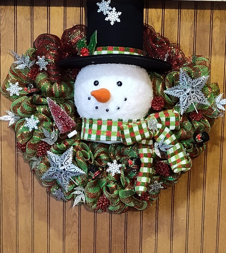 a wreath with a snowman wearing a top hat