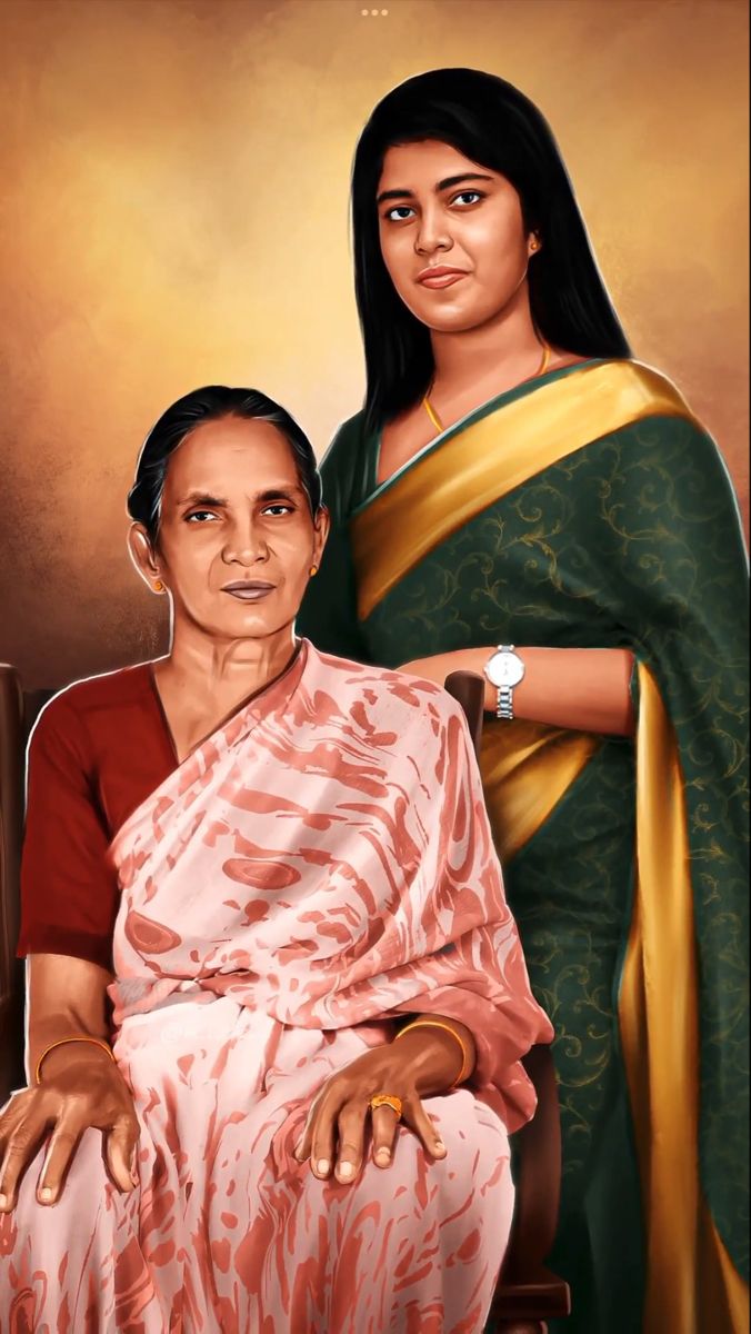 a painting of two women in sari sitting next to each other on a chair