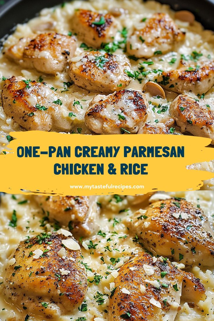 one - pan creamy parmesan chicken and rice is an easy, delicious dinner