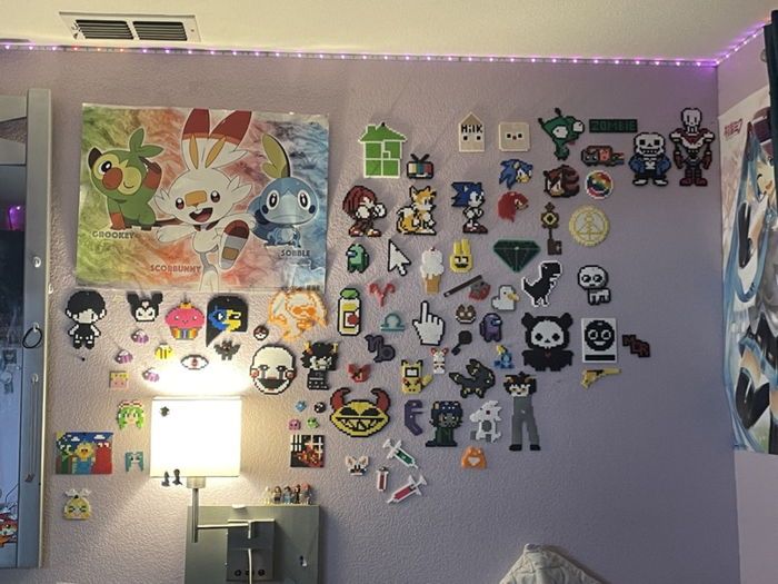 a room with many stickers on the wall