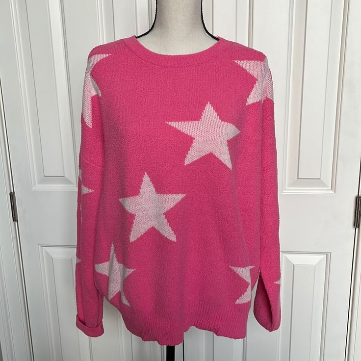 Nwt Size L Pink With White Stars Lightweight Sweater. Soo Soft And Stretchy! Dropped Shoulders. Oversized, Will Fit Xl. Length 26” Pit-Pit 25” See Fabric Description In Photo. Smoke And Pet Free Home. White Crew Neck Sweater With Star Print, Oversized Star Print Sweater, Sweater With Stars, Oversized Grey Sweater, Plaid Pullover, Leopard Sweater, Leopard Print Sweater, Star Sweater, Lace Sweater