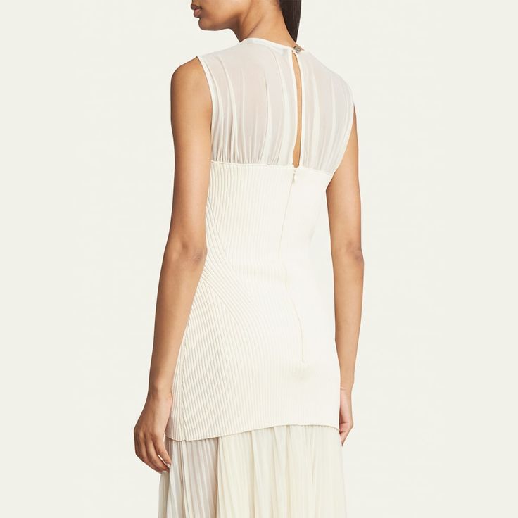 Proenza Schouler "Niki" dress consists of a rib-knit bodice and an accordion-pleated skirt  Round neckline Sleeveless Full length Back button/loop closure Center back zip Polyester Dry clean Imported Pleated Maxi Dress, Pleated Maxi, Proenza Schouler, Pleated Skirt, Round Neckline, Rib Knit, Bodice, Full Length, Knitwear