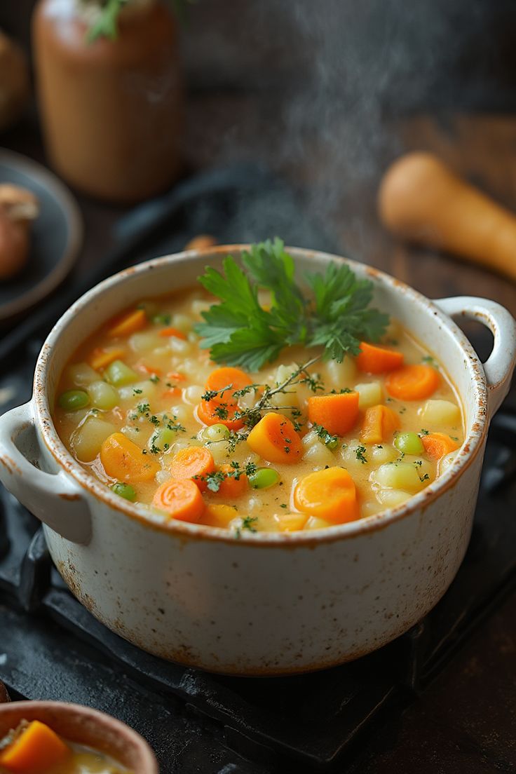 a bowl of soup with carrots and parsley on the side next to other dishes