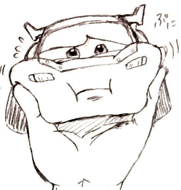 a drawing of a cartoon character with his head in the air and eyes wide open