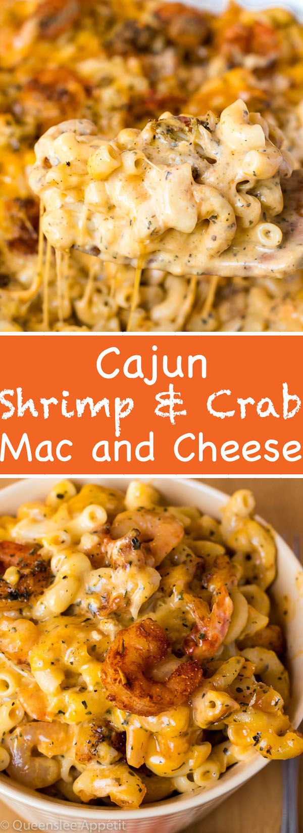 this is an image of cajun shrimp and crab macaroni and cheese casserole