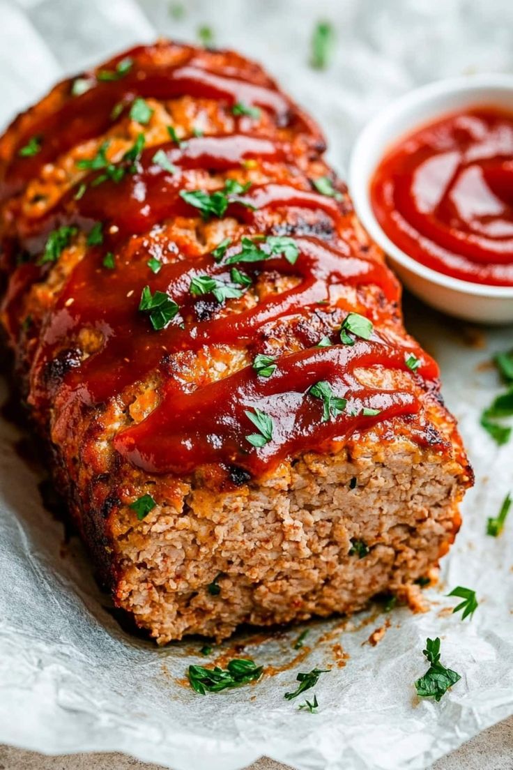 sliced meatloaf with ketchup and parsley on the side, ready to be eaten