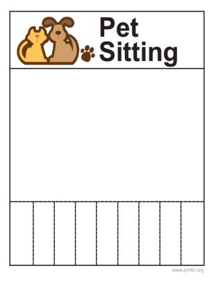 a printable pet sitting sign with a dog and cat in the corner on it