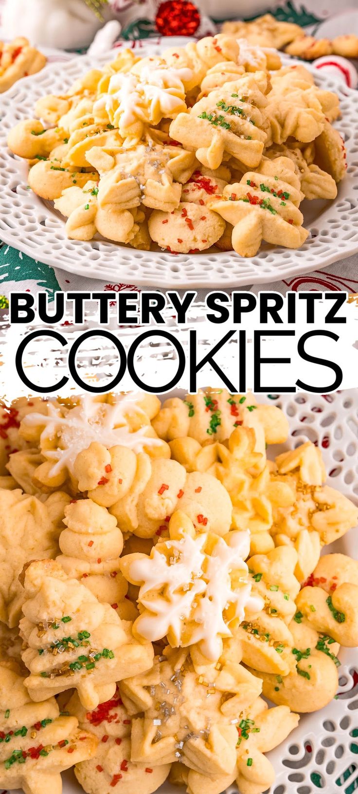 buttery spritz cookies on a white plate with red and green sprinkles