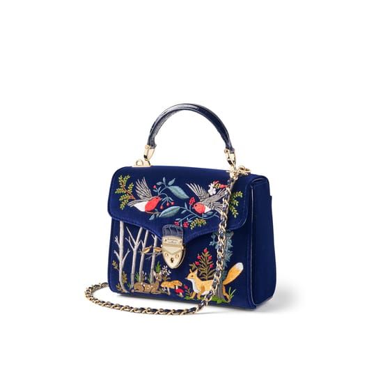 Midi Mayfair® Embroidered Bag with Woodland Hand Embroidery on Velvet Embroidery On Velvet, Vintage Styling, Best Purses, Woodland Scene, Navy Velvet, Rfid Wallet, Aspinal Of London, Wallet Gifts, Embroidered Bag