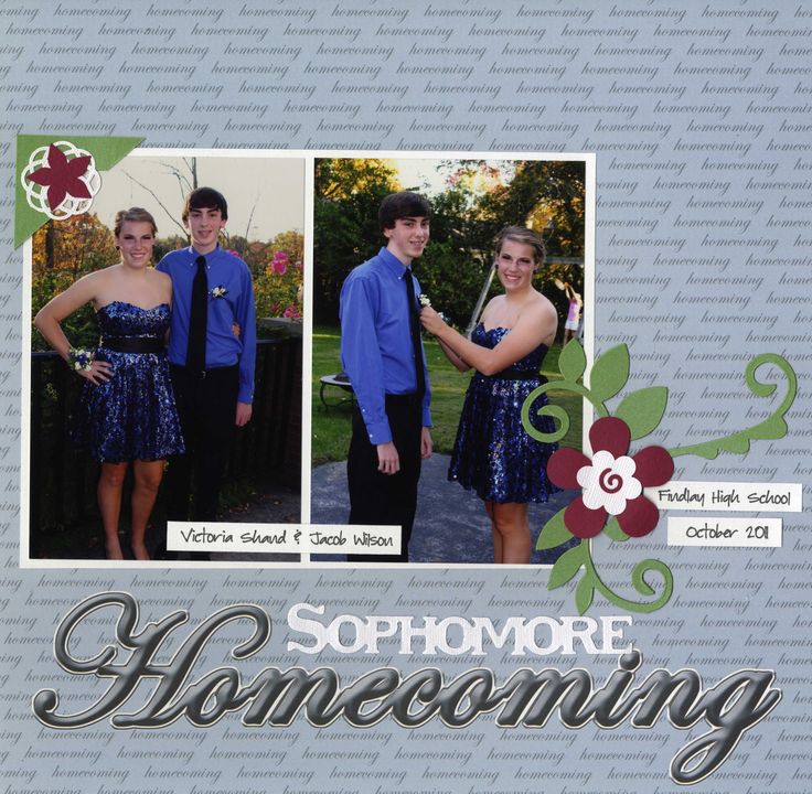 a scrapbook page with two pictures of people in blue outfits and the words, sophmore homecoming