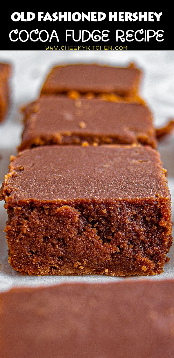 chocolate fudge recipe for old fashioned hershey brownies on a baking sheet with text overlay