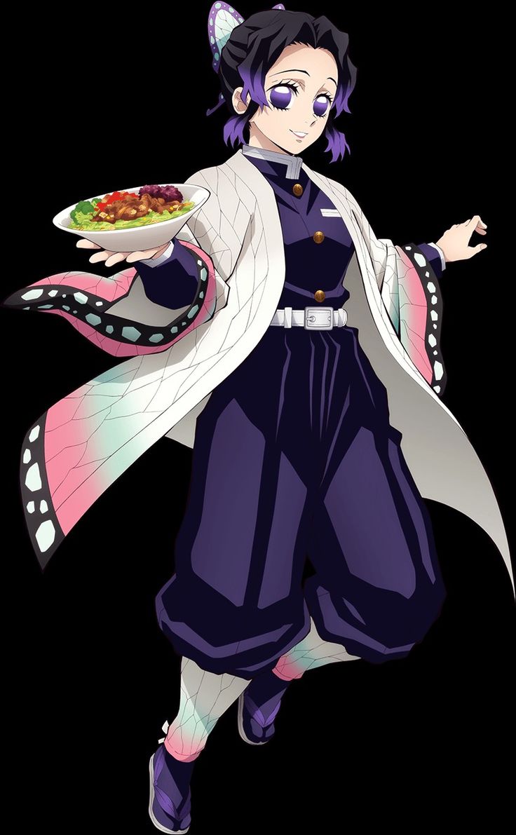 an anime character holding a plate with food in it's hands and wearing purple clothes