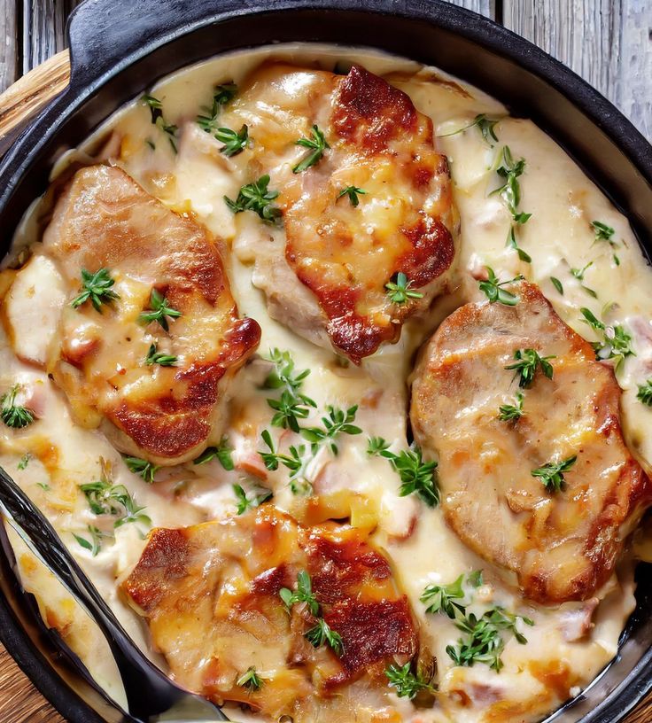 some food is in a black pan on a wooden table and ready to be eaten