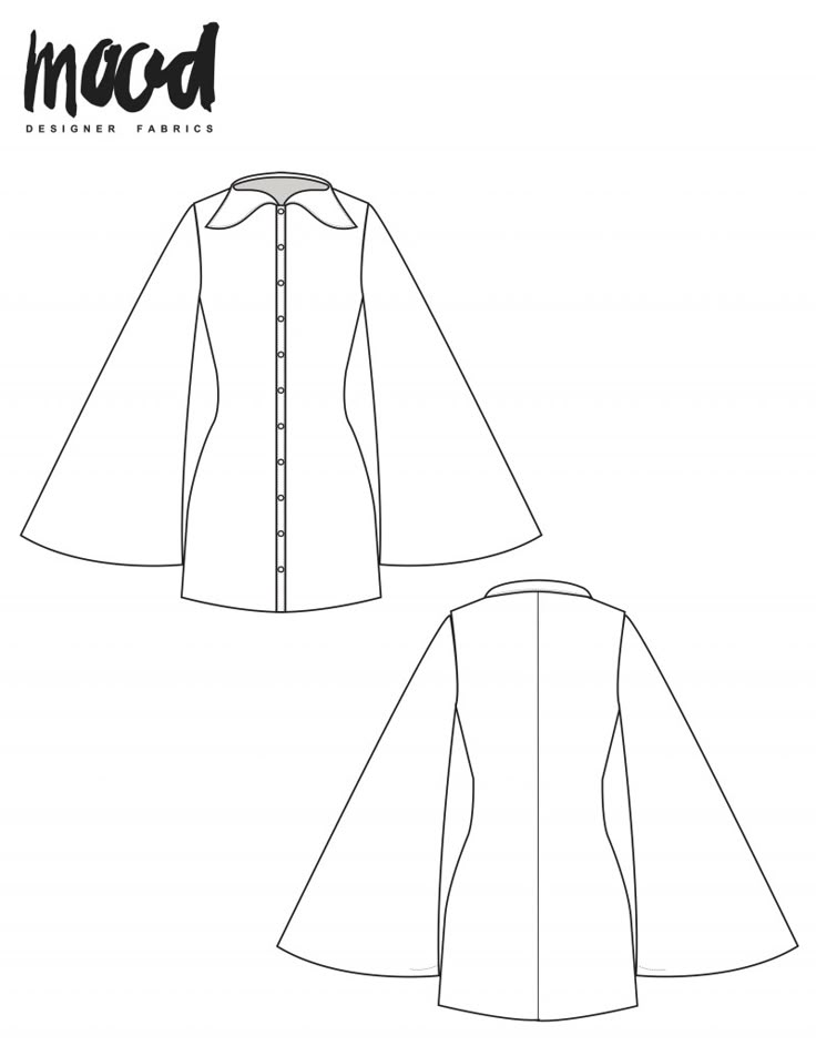 the front and back view of a women's jacket sewing pattern, with an open collar