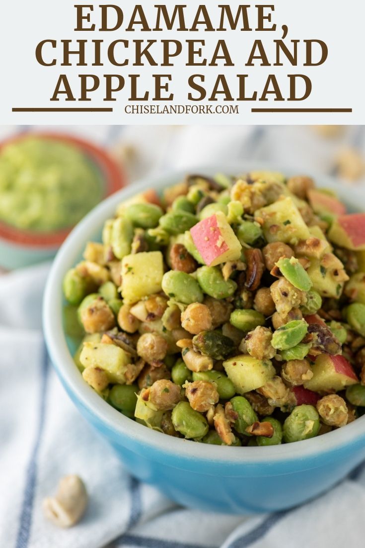 a blue bowl filled with food and the title above it reads edamame, chickpea and apple salad